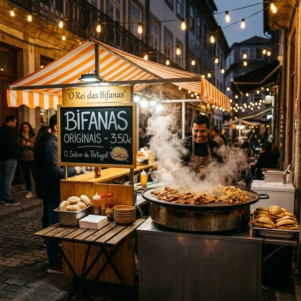 Banca de bifanas na rua, com toldo laranja e luzes