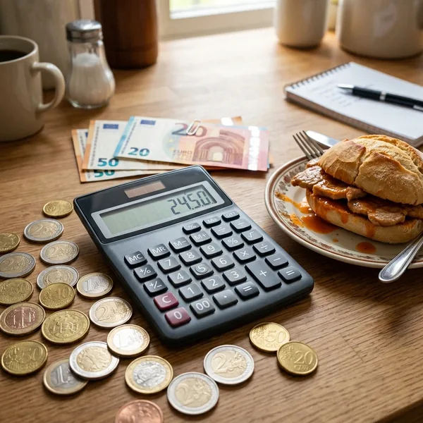 Calculadora com moedas e notas de euro e uma bifana ao lado