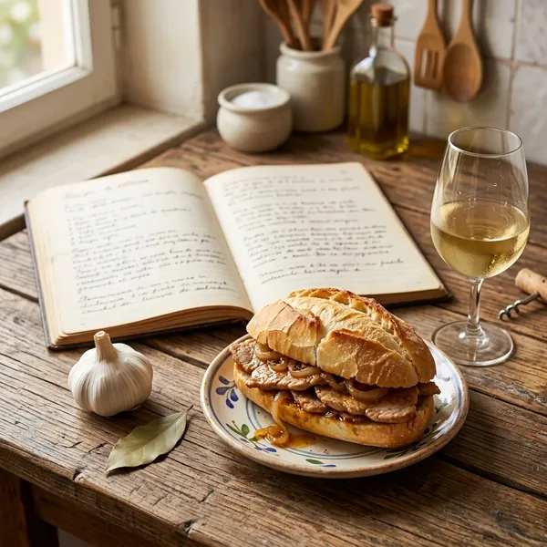 Caderno de receitas aberto com uma bifana num prato, alho e um copo de vinho branco
